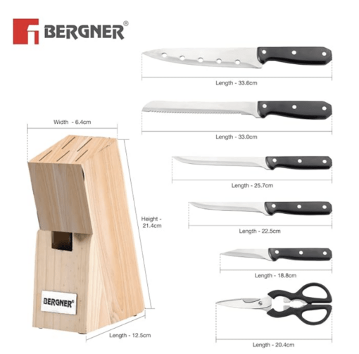 Bergner Shark Stainless Steel 8 Pcs Knife Set - Chef Knife, Bread Knife, Boning Knife, Utility Knife, Paring Knife, Sharpener, Scissor and Wooden Block, Durable and Sharp Blade, Soft Touch Handle - Image 3